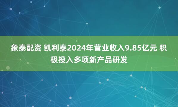象泰配资 凯利泰2024年营业收入9.85亿元 积极投入多项新产品研发